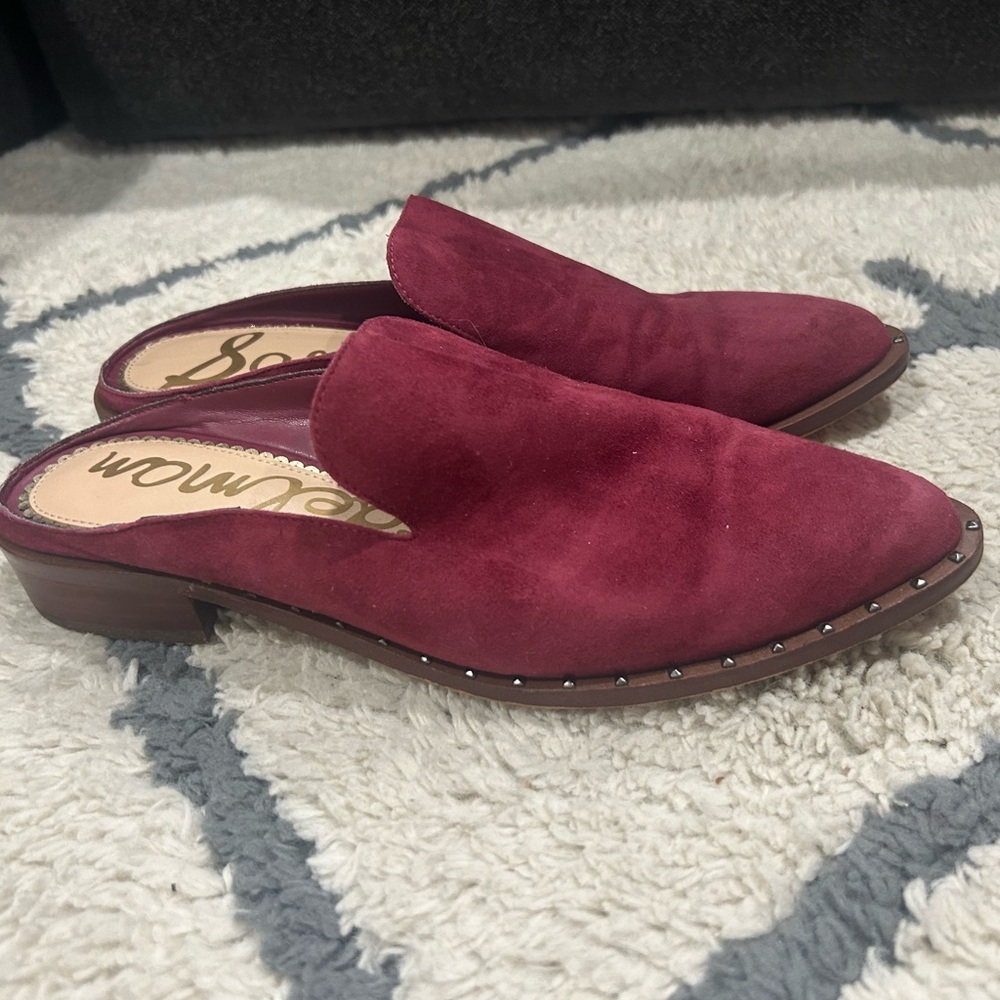 Sam Edelman Wine Suede Leather Pointed Mules with Stud Trim - Picture 3 of 7